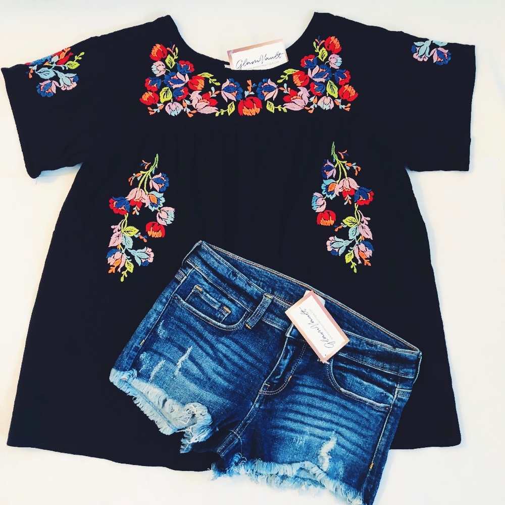 Black // Bell Sleeve Floral Embroidered Top